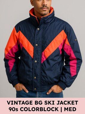 BG mens ski jacket vintage insulated nylon feel colorblock medium